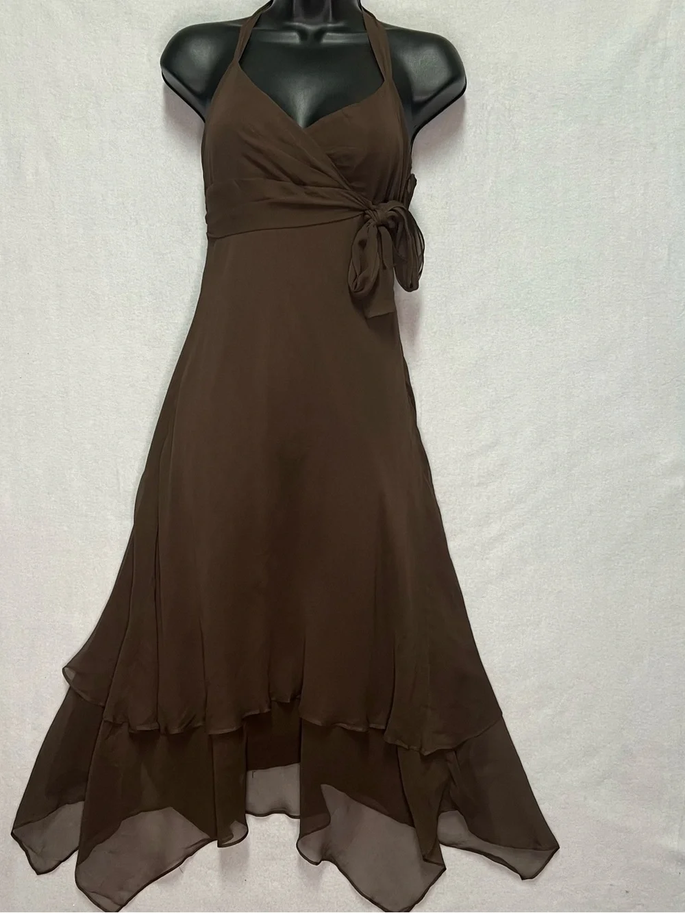 BCBG Max Azria Brown Silk Halter Dress Fairy Boho Whimsigoth Y2K Midi Asym Hem - Picture 1 of 6